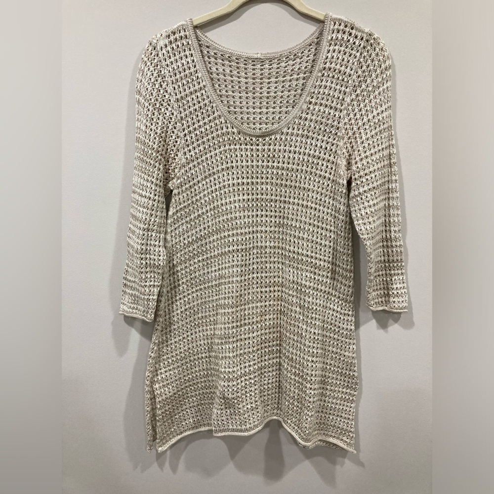 Women's Cream Knit Beach Coverup Three Quarter Length Sleeves